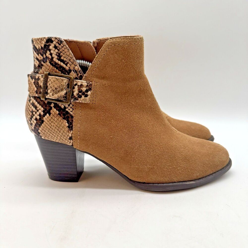 Vionic Naomi Tan Suede Snakeskin Bootie Women's 7 Buckle Side Zip Western Boots
